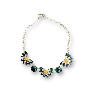 Gold chain necklace with rhinestones and blue jade colored stones.